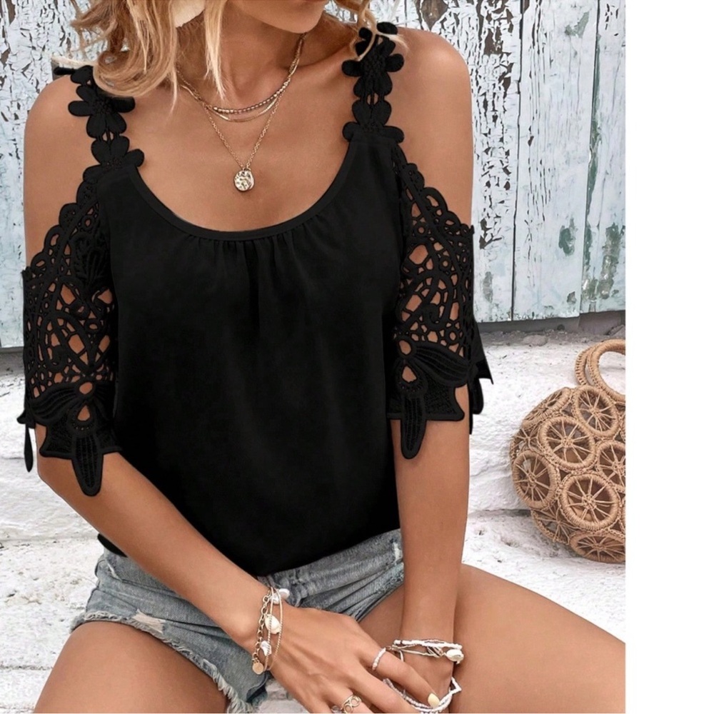 Boho Floral Lace Cold Shoulder Loose Fit Top S M L XL